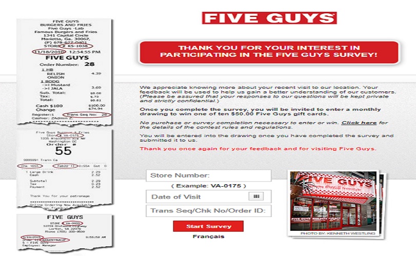 Fiveguys.com/survey - Win $50 Gift Card - Five Guys Survey